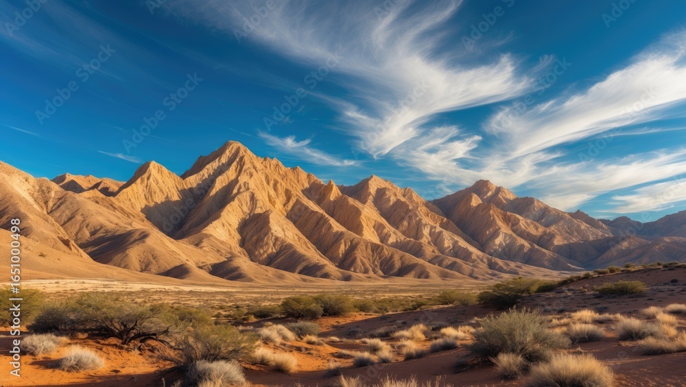 Naklejka premium Desert mountain landscape with rugged peaks and sandy terrain under a blue sky with wispy clouds.