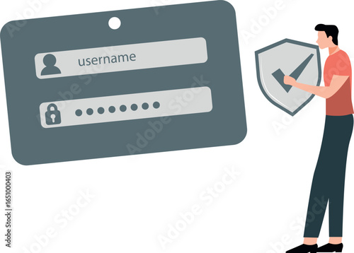  A man holds a shield while displaying a username, symbolizing protection and identity in a digital context.