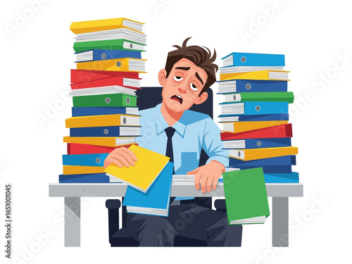 Overwhelmed by Work: A worker buried in mountains of paperwork looks utterly exhausted, personifying the challenges and stresses of a demanding work environment.