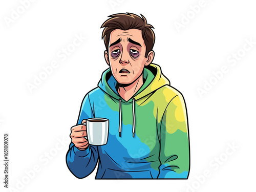 Weary Morning: The image depicts a tired individual, dark circles under his eyes, clutching a steaming mug. Representing exhaustion and the daily grind.
