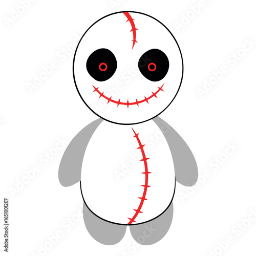 Creepy cracked pale white doll illustration with a vintage unsettling halloween aesthetic