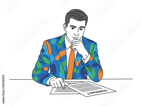 Contract Negotiation: A businessman in a tailored suit, with a contemplative expression, thoughtfully reviews a contract, symbolizing critical decision-making and strategic planning.