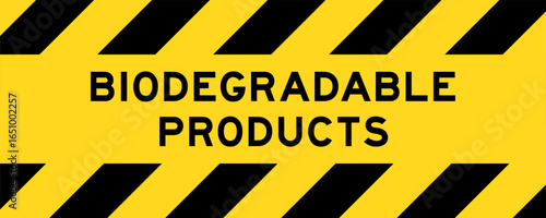 Yellow and black color with line striped label banner with word biodegradable products