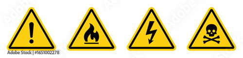 Caution signs set. Fire warning, hazard danger, high voltage icon. Attention, risk, flammable, skull, bone - stock vector.