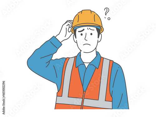 Construction Worker's Dilemma: A construction worker, donned in a high-visibility vest and hard hat, scratches his head in contemplation, a subtle question mark hovering overhead.