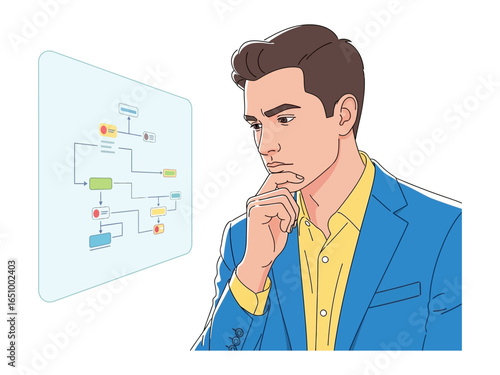 Thoughtful Contemplation: A sharply dressed individual stands before a digital interface, deep in thought as they contemplate the complexities of a project.