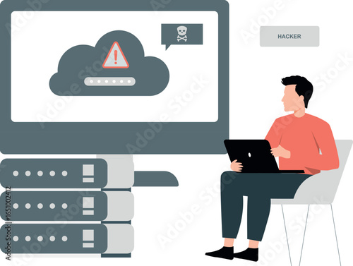 A man sitting at a desk, focused on a computer screen displaying a cloud icon.