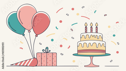 Festive birthday celebration with balloons cake gift and confetti