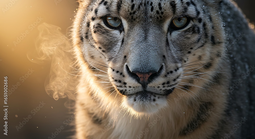 Obraz premium Majestic snow leopard portrait, golden hour light, intense gaze, winter fur.