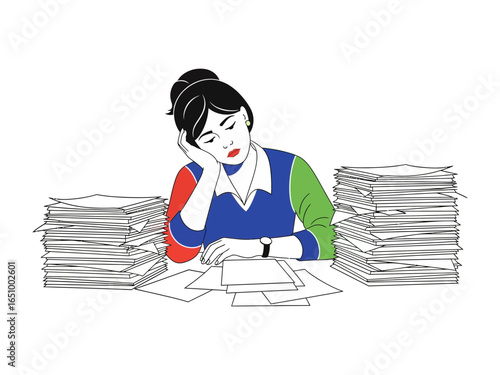 Overwhelmed in the Office: A woman in a vibrant top sits at a desk, surrounded by towering stacks of paper, embodying the feelings of stress and overload at work. 