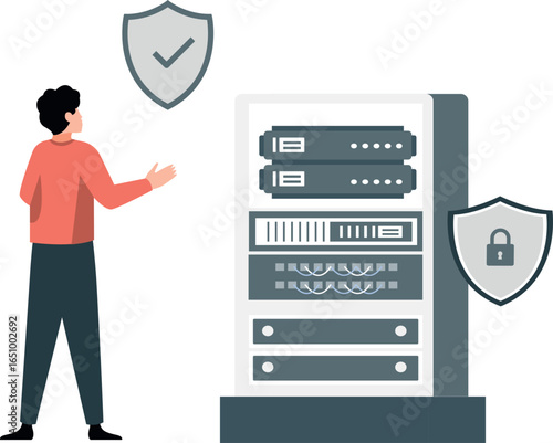  A man stands beside a server, holding a shield with a shield icon, symbolizing cybersecurity and protection.