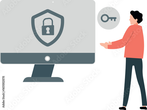 A person points at a computer screen displaying a keypad and a shield, suggesting security or protection features.