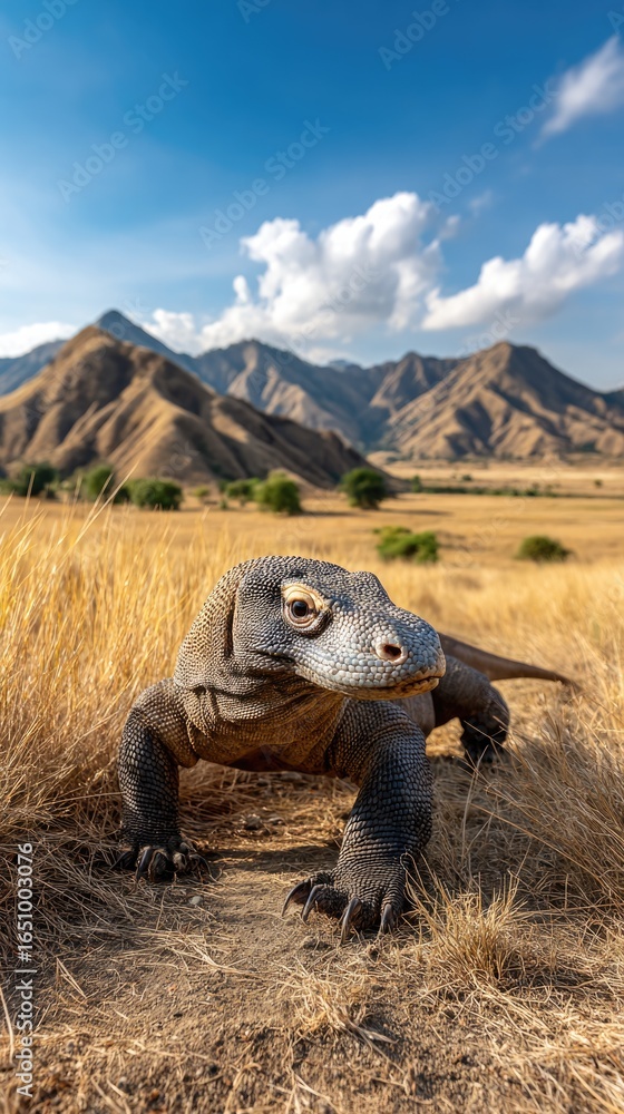 Fototapeta premium A Komodo dragon walking across the dry grasslands