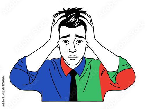 Emotional Turmoil: The illustrated image captures a person’s distressed state of mind, head in hands, a symbol of inner struggle, conveying themes of stress and overwhelm.
