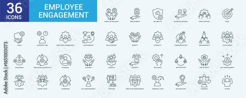 Employee Engagement icon collection set with work life balance, employment, reliability, problem solving, participation, goal, trust