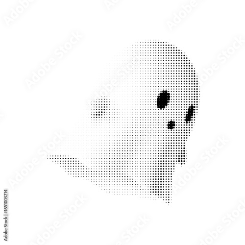 Scared ghost vector illustration in black and white halftone style. Retro cartoon character with shocked expression. Isolated Halloween design perfect for posters, decor, and digital use.