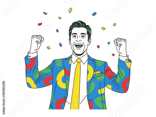 Man Celebrates in colorful suit: A stylish man celebrates with confetti, exuding joy in a fashion-forward suit. The image showcases a moment of pure elation and achievement.
