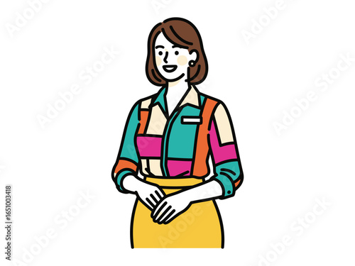 Smiling woman standing in front: A pleasant young woman with a delightful smile, posing in front of a neutral background, radiates a warm and inviting presence.