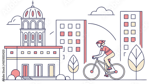 Person cycling through a stylized city with historic architecture and modern buildings