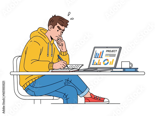 Man Thinking While Writing: A young individual, deeply engrossed, ponders a complex task while diligently recording notes in a notebook, with a laptop displaying charts.