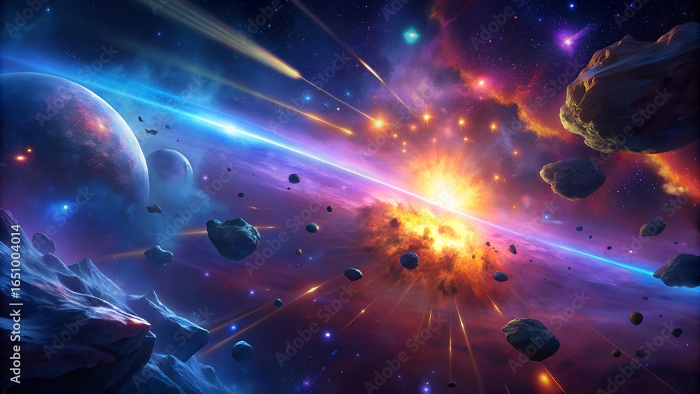 Obraz premium A vibrant cosmic explosion amidst asteroids and planets in deep space