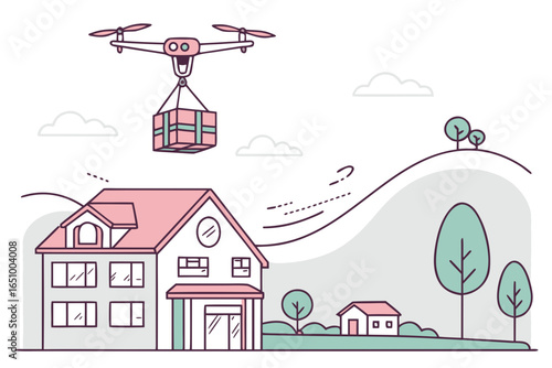 Drone delivering a package to a suburban house with a minimalist illustration style