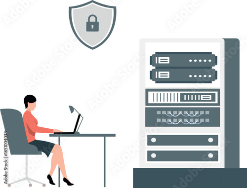  A woman working at a desk with a laptop and a server, focused on her tasks in a professional environment.