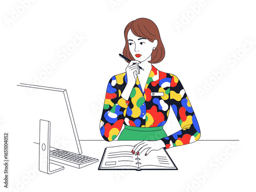 Focused Professional: A stylish professional woman at a desk, engrossed in work. Her focused gaze suggests intelligence and attention to detail, perfect for illustrating business themes.