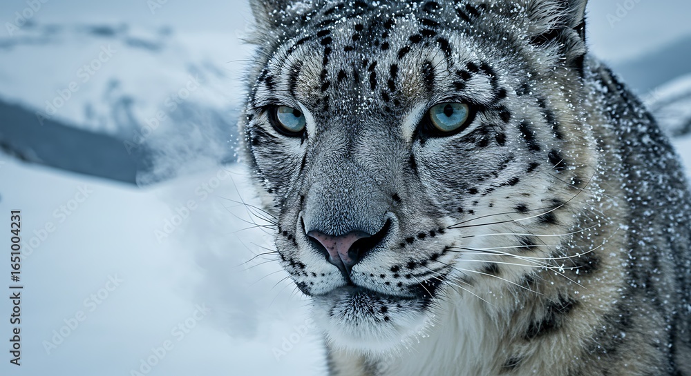 Obraz premium A majestic snow leopard with piercing blue eyes stares intently in a cold, snowy mountain habitat.
