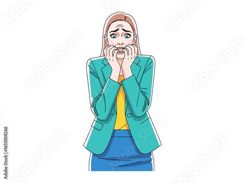 Anxiety and Apprehension: A young woman's eyes widen, her face etched with fear, and she nervously bites her nails. This vibrant illustration captures the raw emotion of stress and dread.