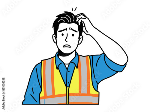 Confused worker: An illustration of a worker, wearing a safety vest, with a puzzled expression, head scratching and conveying the concept of confusion.