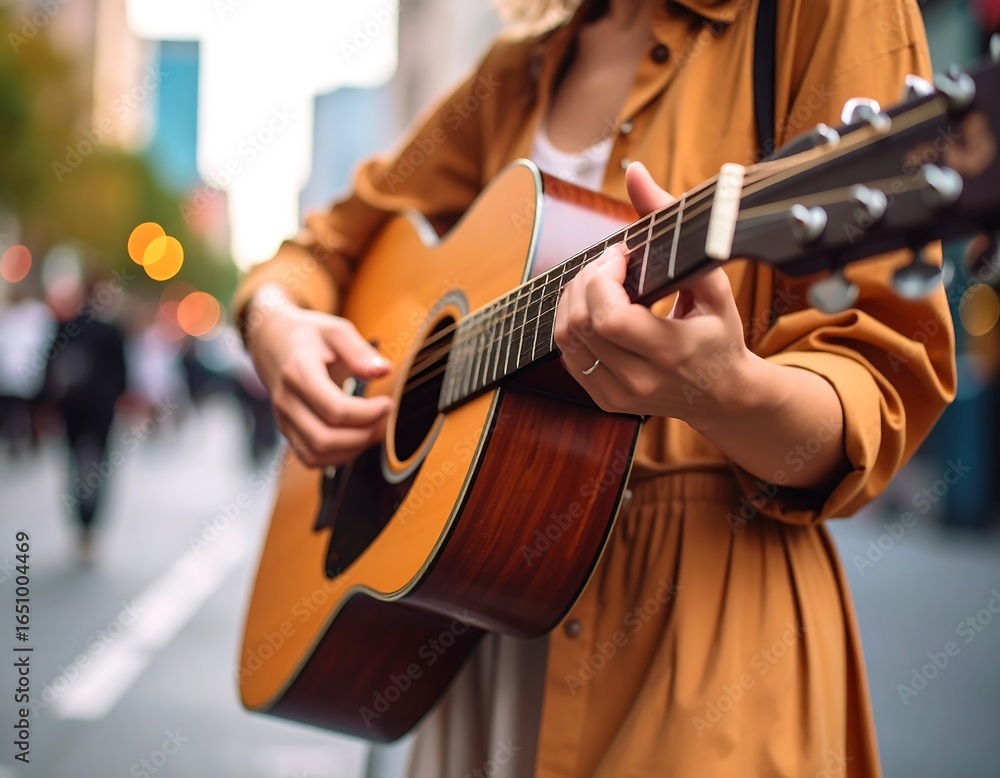 Fototapeta premium Street performer serenading the city with acoustic melodies and harmonic expressions