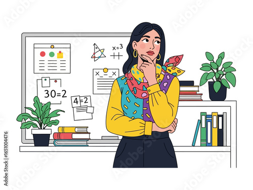 Thoughtful Educator in Classroom: An imaginative illustration of a contemplative educator, amidst classroom setting, contemplating a complex educational problem.