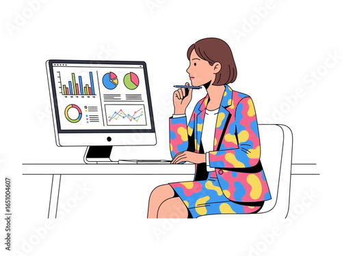 Data Analyst at Work: A focused data analyst intently studies detailed data visualizations displayed on a monitor, symbolizing analytical precision and strategic thinking in a professional setting.