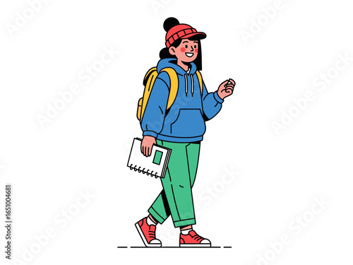 Schoolbound: Illustration of a young student walking with backpack and notebooks, anticipating the adventures and knowledge that await.