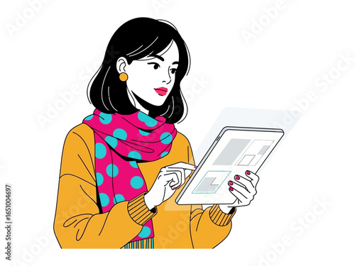 Woman Reading Tablet: An artistic illustration depicts a stylish woman deeply engaged with a digital tablet, absorbing information with focused concentration.