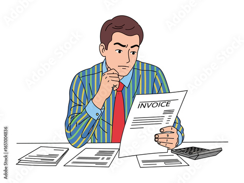 Invoice Inspection: A focused individual examines a financial document with intense concentration. His brow furrows as he scrutinizes the details.