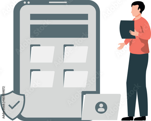  Man standing beside a smartphone displaying a folder icon, suggesting file management or organization.