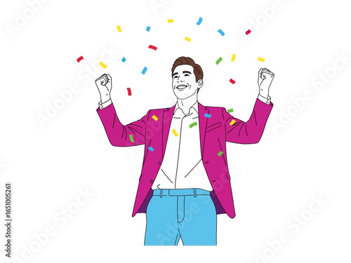 Celebratory joy: This illustration captures the vibrant energy of a man celebrating, a shower of confetti adding to the atmosphere. The art style creates a sense of fun and festivity.