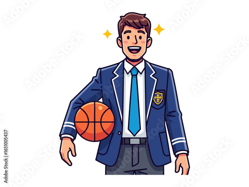 Basketball Enthusiast: A youthful boy, his uniform impeccably tailored, radiates with joy, clutching a basketball. capturing the essence of sportsmanship and youthful energy.