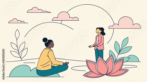 Two women practicing mindfulness and meditation with a lotus flower and clouds