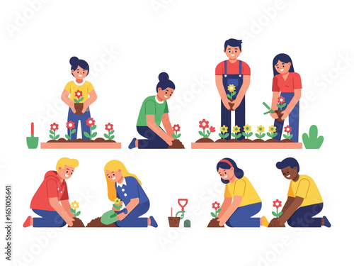 Cultivating Dreams in the Garden: A vibrant illustration captures individuals enthusiastically gardening and planting flowers, nurturing the earth and cultivating blooms.