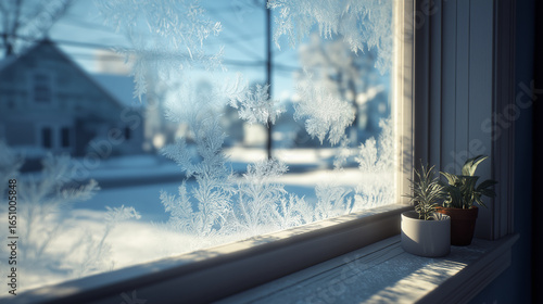 Winter wonderland seen through frosted glass ideal for seasonal backgrounds, holiday designs, christmas cards, or wintry social media posts.