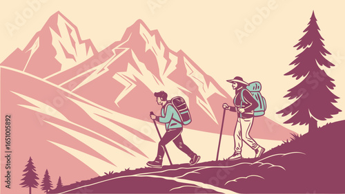 Two hikers with backpacks ascend a mountain trail with majestic peaks in the background