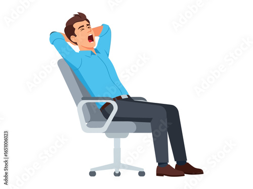 Office Slumber: A man sits back in his chair, yawning and leaning back, depicting the exhaustion of a long day. A relatable image of the need for a break.