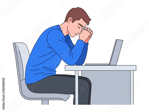 Man working stress : A person wearing blue clothes is overwhelmed and stressed, facing challenges with his laptop. his head leaning down over the table