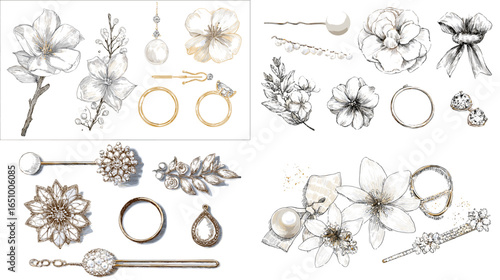 Elegant floral and jewelry sketch set featuring magnolia, lily, and peony line drawings with rings, earrings, and pearls. Perfect for wedding branding, invitations, and stationery.