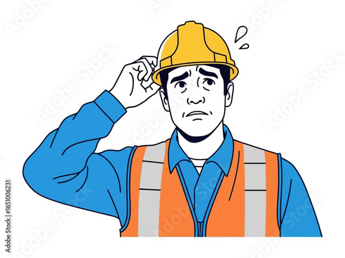 Construction worker facing dilemma: A construction worker faces a moment of contemplation, sweat beading on his forehead as he grapples with a decision.