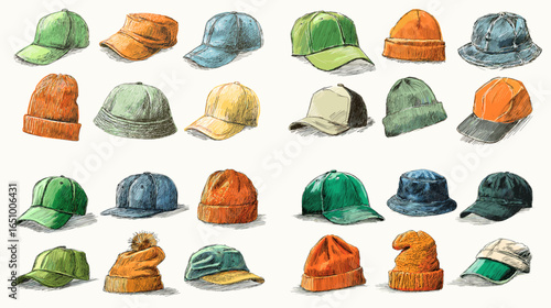 Vintage style illustration set of caps and beanies in orange green and teal with textured stitching. Great for apparel branding pattern references and outdoor lifestyle themes.
