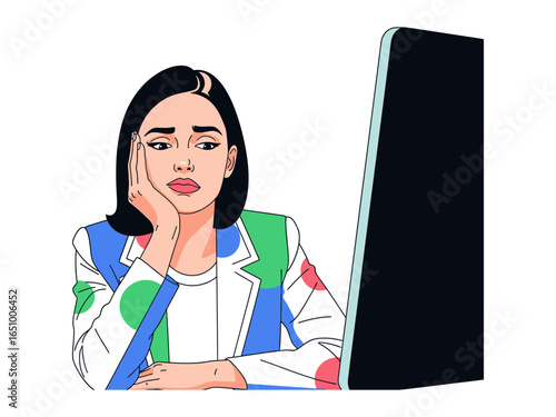 Bored in Business: A woman is displayed with a bored facial expression while sitting at a desk in front of a monitor, conveying a sense of disinterest.
